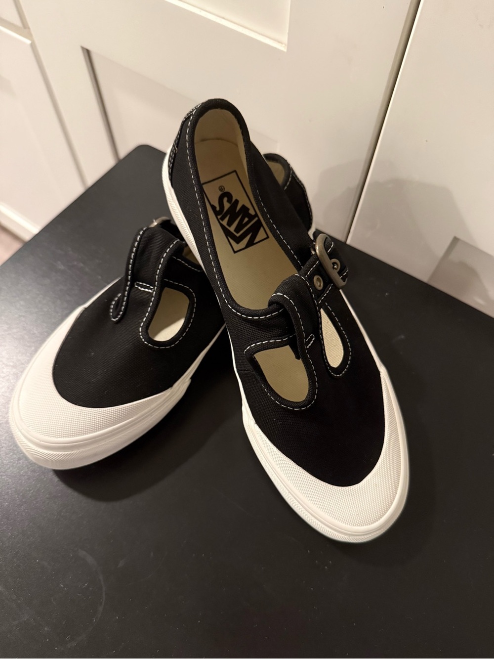 Vans Black Canvas T‑Strap Sneakers with White Sole